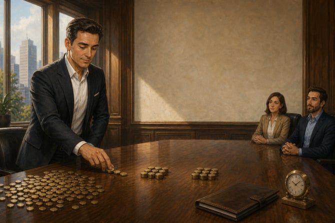 A small business owner in his late forties, in a well-fitted charcoal suit, stands at the head of a long polished walnut table in a formal boardroom with tall windows and wood-paneled walls. He leans slightly forward and calmly slides a few small matte brass discs from a loose pile at his end of the table toward two neat, modest groupings near the center. A closed leather portfolio and a small brass desk clock rest near his hand. Two leadership team members sit further down the table in soft focus, listening with neutral, relaxed expressions.