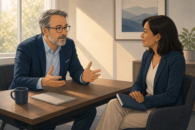 A business owner in his fifties sits across a small office table from a coach. A printed agenda lies face-down beside a coffee cup while the owner leans forward mid-sentence, hands open, and the coach listens with a closed notebook on her lap. Window light falls across the table.
