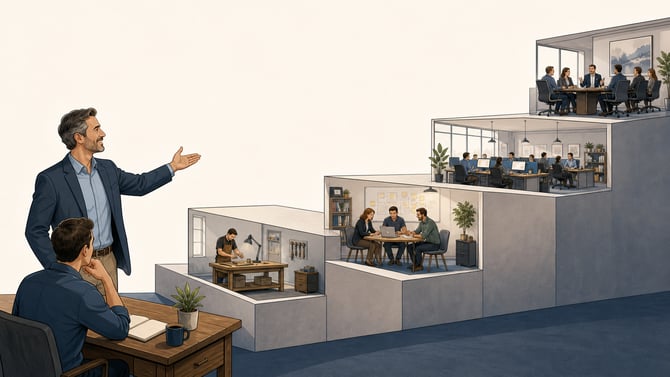 Illustration of a small business owner at a desk looking up a set of four ascending steps, each step showing a busier, larger company, with a coach beside the owner pointing toward the next step.