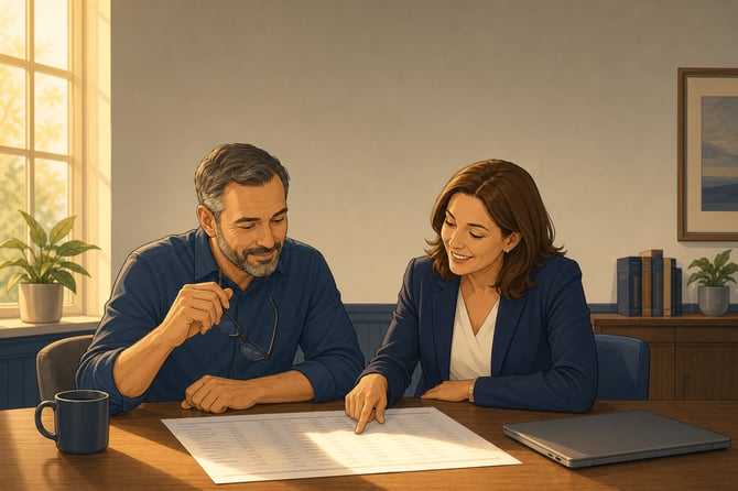 A business coach points to one line on a printed monthly financial report while a small business owner leans in with a look of recognition. The two sit side by side at a wooden table in a warmly lit office, with a closed laptop and a coffee mug beside the pages.