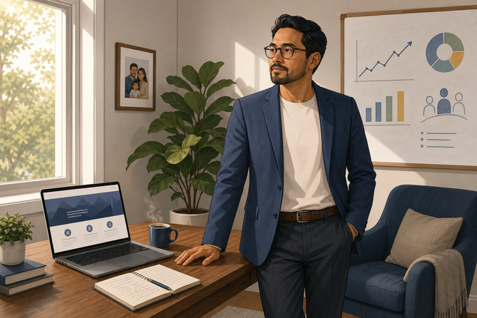 A cartoon cozy home office is illuminated by soft, natural light streaming through a large window. A sleek wooden desk holds a laptop open to a business coaching website, alongside a notepad filled with handwritten notes and a steaming cup of coffee. On the wall, a whiteboard displays colorful graphs and motivational quotes about growth and leadership. A potted plant sits in the corner, adding a touch of greenery, while a comfortable chair invites relaxation. In the background, a family photo captures a moment of joy, reflecting the balance between work and personal life. The overall atmosphere is calm and focused, suggesting a space where ideas are nurtured and plans for the future are made. A business owner stands tall, resting his hand upon the desk, contemplative but assured.