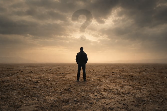 A lone business owner stands facing an empty, hazy landscape under a heavy sky, evoking the isolation many owners feel before they find people to turn to for advice.