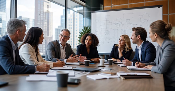 A diverse group of business owners meets around a conference table, acting as a sounding board as one woman gestures and offers honest feedback while the others listen, with a strategy whiteboard and city skyline behind them.
