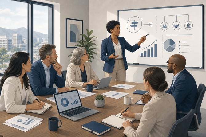 The image depicts a diverse group of business owners engaged in a lively discussion around a large conference table, filled with documents and digital devices. Each person appears focused and attentive, with expressions of contemplation and determination. A whiteboard in the background displays charts and bullet points related to business exit strategies, emphasizing key concepts like “Owner Dependency,” “Succession Planning,” and “Financial Readiness.” Natural light floods the room, enhancing the collaborative atmosphere. One owner is pointing at the whiteboard, suggesting a point, while another takes notes vigorously. A laptop is open with a presentation visible on the screen, and coffee cups are scattered around, indicating a long and productive meeting. The setting conveys a sense of urgency and importance, as these owners prepare their businesses for potential exit opportunities.