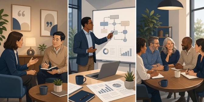 three distinct groups of professionals are engaged in discussions. On one side, a business coach, a middle-aged woman with an encouraging demeanor, is conversing with a young entrepreneur, who appears contemplative and taking notes. A whiteboard nearby displays charts and motivational quotes. In the center, a business consultant, a focused man in a suit, is seated at a conference table with a laptop open, reviewing data with a small team. They are examining graphs and financial reports, with a sense of urgency in their expressions. On the opposite side, a diverse group of business owners is gathered around a round table, animatedly sharing ideas and experiences. A flip chart in the background lists recurring business challenges.