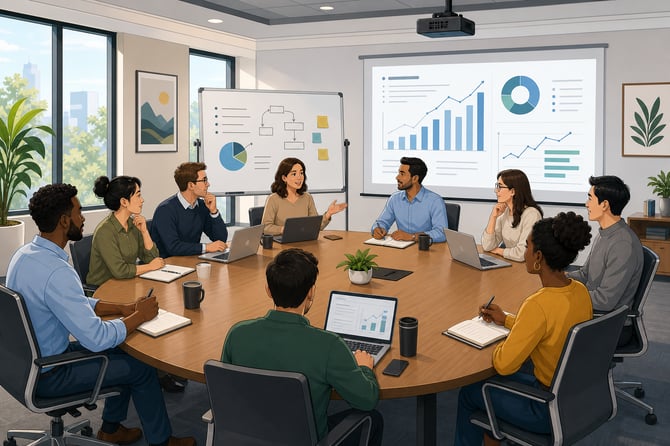 a business meeting room with a large, oval wooden table at its center. Surrounding the table are eight diverse individuals, engaged in a discussion. They are a mix of genders and ethnicities, dressed in smart casual attire, with laptops and notepads in front of them. A whiteboard at the front of the room displays bullet points and diagrams related to competitive advantage strategies. Soft, natural light streams in through large windows, illuminating the room, which is decorated with motivational posters and plants. A projector hangs from the ceiling, casting a presentation on the wall behind the group, illustrating graphs of sales performance and customer retention rates. The atmosphere is collaborative and focused, with expressions of concentration and engagement on the participants' faces as they share insights and strategies.