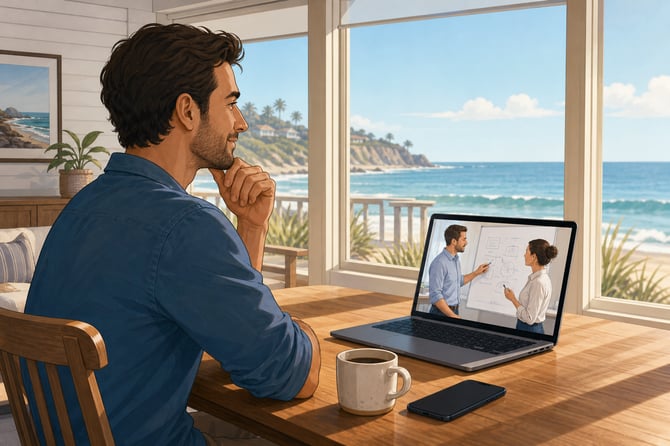 a small business owner sits at a beach-house table with a phone face down beside a coffee cup, looking out at the water. Through a laptop on the table, a small video tile shows two managers in a bright office, reviewing a whiteboard on their own.