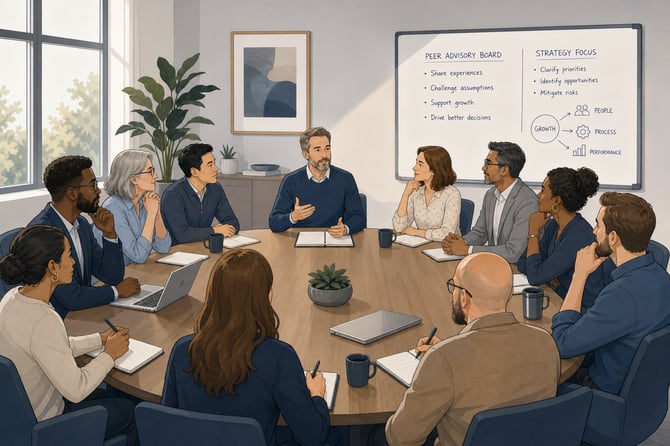 A diverse group of about ten business owners sits around a wooden conference table in a facilitated peer advisory board meeting. One member speaks while the others listen and take notes, with laptops, notebooks, and coffee mugs on the table. A whiteboard behind them lists board goals such as share experiences, challenge assumptions, support growth, and drive better decisions, next to a growth diagram linking people, process, and performance.