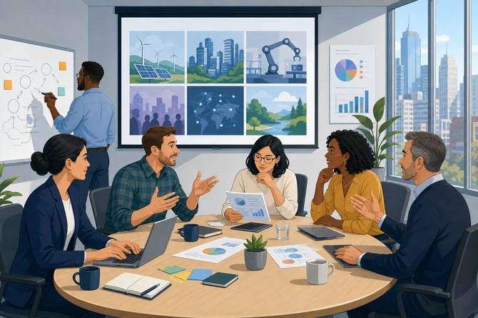  a cartoon conference room filled with diverse professionals engaged in a strategic planning session. A large, oval table is surrounded by six individuals: a woman in a navy blazer taking notes on a laptop, a man in a plaid shirt gesturing animatedly while explaining a point, another woman in glasses analyzing a document, and three more participants deep in discussion, one of whom is sketching ideas on a whiteboard. The room is brightly lit, featuring large windows with a view of a bustling cityscape. On the walls, colorful charts and graphs depict various business metrics and future scenarios, while a projector displays a grid labeled with potential business futures. The atmosphere is collaborative and focused, with each person contributing to the conversation about navigating uncertainties in the business landscape.