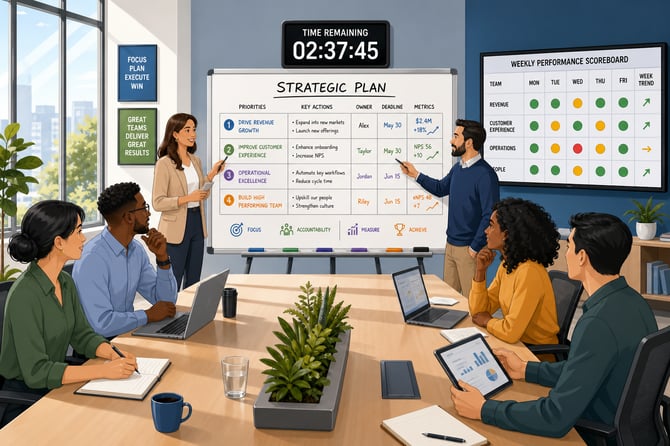 Flat cartoon illustration of a small team gathered around a large scoreboard of priority cards and green, amber, and red status dots, with a winding arrow leading from an open plan document through a looping monthly-rhythm cycle to a goal flag, in navy, blue, gold, and orange.