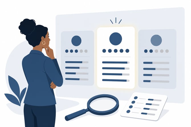 A clean, modern editorial flat-vector illustration for a small business strategy article. A confident small business owner stands before a large translucent comparison board, studying a grid of three simple competitor "cards" side by side, each marked with abstract rating dots and small bar indicators rather than words. One card glows subtly to show a winning position. Foreground includes a magnifying glass motif and a minimal scorecard shape to suggest structured analysis. Composition is spacious and uncluttered with strong negative space, subtle depth, soft geometric shadows, and a calm, authoritative mood.