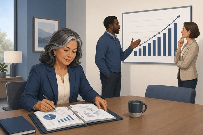 A small business owner reviews organized financial reports and process documents while two managers lead a planning discussion beside a growth chart. The scene shows a company preparing to increase its value before a sale by building a team that can run it without her.