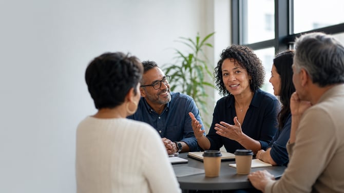 Small business owner leaning in and talking with a small group of peers around an office table in warm natural light, illustrating a business owner support system built on trusted peers.