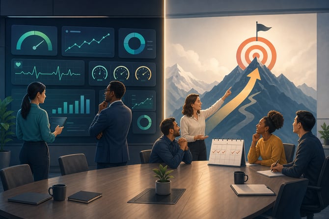 a single modern boardroom split cleanly down the middle into two moods that share one long wood table. Left side, KPIs: two colleagues calmly watch a wall of steady dashboard panels with gauges, small line and bar charts, and a heartbeat-style health line, an always-on monitoring feel. Right side, OKRs: a small team rallies around one big target, a bullseye with a single bold upward arrow and a "90 days" desk calendar, an energetic focused-push feel. A soft beam of window light separates the two halves. Diverse business-casual professionals, muted city skyline through the windows.