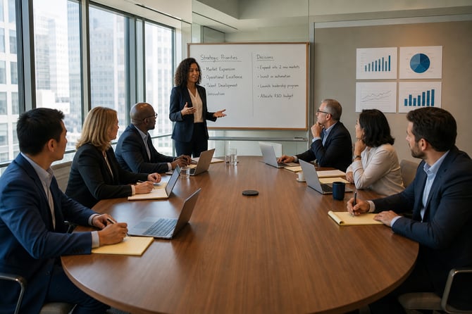 A facilitator stands at a whiteboard headed "Strategic Priorities" and "Decisions," leading seven business owners seated around a conference table with laptops and notepads in a high-rise meeting room.