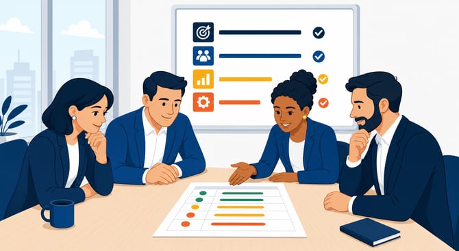 Four business leaders around a conference table reviewing a one-page quarterly scorecard marked green, yellow, and red, with a whiteboard of next-quarter priorities behind them.