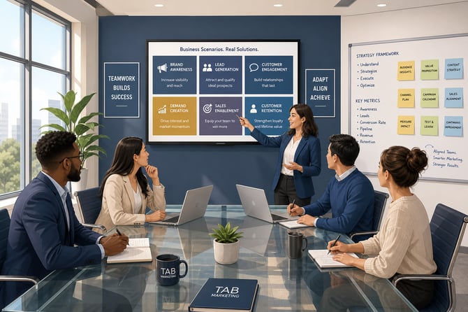 A woman in a navy blazer stands beside a wall-mounted screen in a conference room, pointing to a six-tile grid of navy, gold, and purple panels. Four colleagues sit around a glass table with open laptops and notepads, watching the screen. A whiteboard with a written list is visible at right.