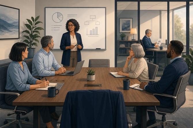 A leadership team of four meets around a conference table while one manager leads the discussion at a whiteboard. The chair at the head of the table sits empty with a blazer draped over it. Through a glass wall, the business owner reviews a plan alone in a nearby office.