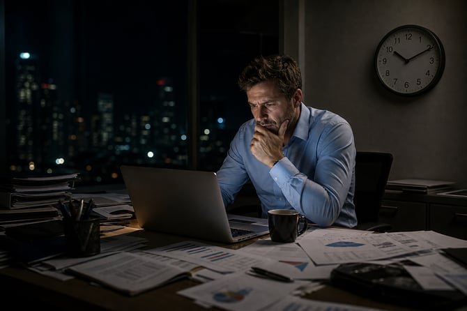 A business owner sits alone in a dimly lit office past 10 p.m., hunched over a glowing laptop at a desk cluttered with payroll and invoice paperwork and a half-empty coffee cup, a dark city skyline behind the window, capturing the isolation of carrying business decisions alone.