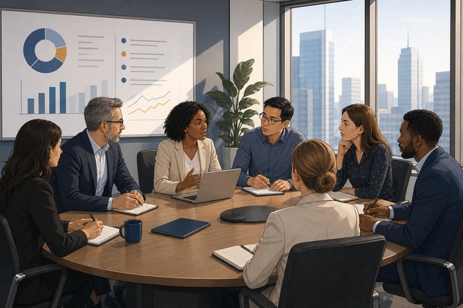 Seven business owners and leaders in a modern office conference room, one woman leading the discussion as the others listen and take notes, illustrating a peer advisory board or board of directors meeting.