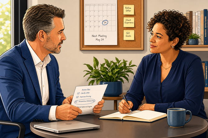 a quiet, modern office corner where a business owner and a coach sit across from each other at a small round table in a focused one-on-one coaching session.