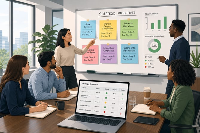 A modern office environment with a sleek conference room setup. A large, rectangular table is surrounded by ergonomic chairs, and a projector screen displays a colorful scorecard filled with metrics. On the table, there are laptops, notebooks, and pens, suggesting a collaborative session. The walls are adorned with inspirational quotes about accountability and teamwork. Sunlight streams through large windows, illuminating the space and creating a professional yet inviting atmosphere. A whiteboard in the background showcases a strategic plan with clearly defined objectives, owners, and deadlines, emphasizing a structured approach to accountability. A few diverse individuals are engaged in discussion, some pointing at the scorecard, while others take notes, reflecting a dynamic and focused meeting atmosphere. The overall tone conveys urgency and commitment to achieving strategic goals.