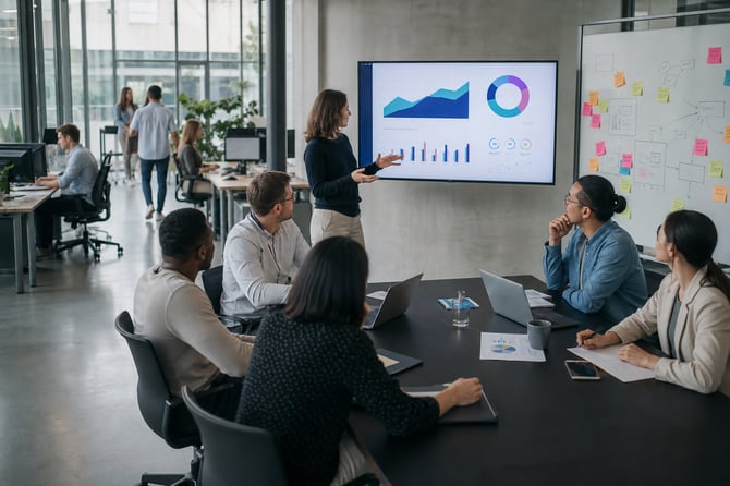 Business owner presenting quarterly performance charts to her leadership team during a strategic planning meeting in a modern office.
