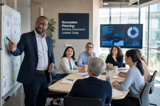 A business owner stands and presents to their team in a modern conference room, gesturing toward a screen with a slide on succession planning and developing future leaders, while a diverse group of colleagues seated around the table listens.