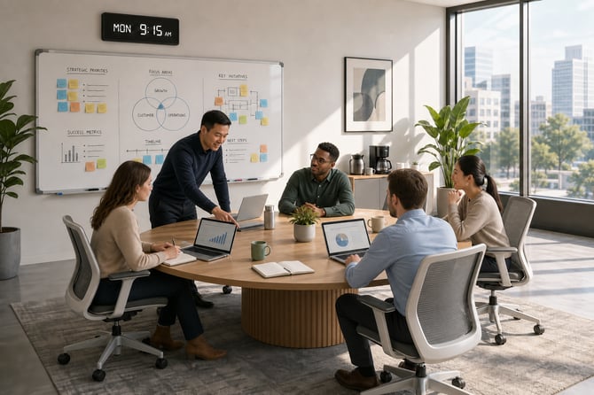 a modern office space with a large round table at the center, surrounded by sleek, ergonomic chairs. A whiteboard stands against one wall, filled with colorful sticky notes and diagrams outlining strategic goals and weekly commitments. Sunlight streams in through large windows, illuminating the room and creating a vibrant atmosphere. A digital clock on the wall shows the time, indicating it's Monday morning, suggesting an upcoming review meeting. On the table, there are laptops open with documents displayed, and a coffee pot sits in the corner, hinting at a collaborative work environment. In the background, a plant adds a touch of greenery, while a motivational poster about teamwork and execution hangs on another wall, reinforcing the theme of productivity and strategic planning.