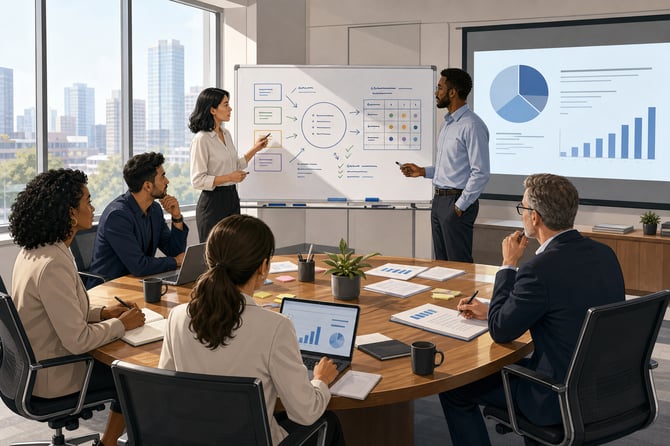 Business owners and advisors sit around a conference table reviewing charts on laptops while two colleagues map options on a whiteboard during a strategic decision-making session.