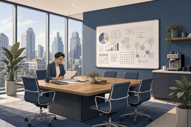 A business owner in business-casual attire stands at the head of a polished conference table in a well-appointed office, reviewing six neatly arranged folders or planning boards laid out before them, each rendered in a subtly different tone to suggest a distinct strategic option, the owner's hand rests on one folder that catches slightly warmer light than the rest, indicating a considered decision rather than a snap choice. Large windows in the background suggest a calm, established small-business setting. 
