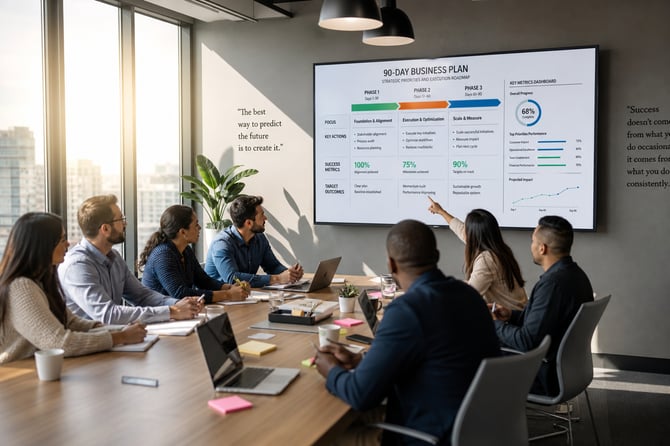 conference-room strategy scene with a clear 90-day planning screen and collaborative team energy