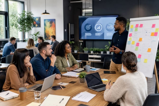 a open-space board meeting commences, discussing the ways of growth in company