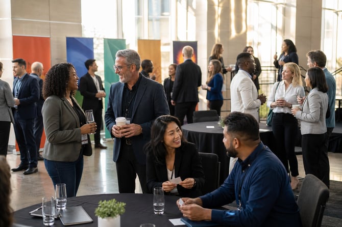 A diverse group of business owners talking and laughing at a networking event in a bright modern venue, with more professionals mingling at round tables in the background.