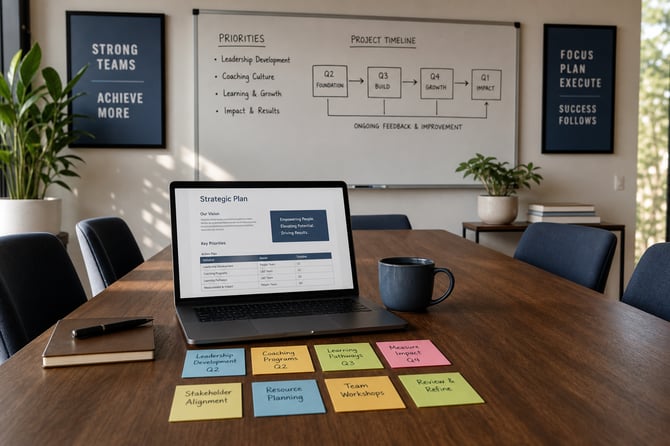 Boardroom table with an open laptop showing a Strategic Plan document beside a coffee mug and a row of color-coded sticky notes labeled by quarter for leadership development, coaching, learning, and measuring impact. A whiteboard behind maps a Q2-to-Q1 planning timeline from Foundation to Impact, flanked by framed posters reading "Teams Achieve More" and "Focus, Plan, Execute.