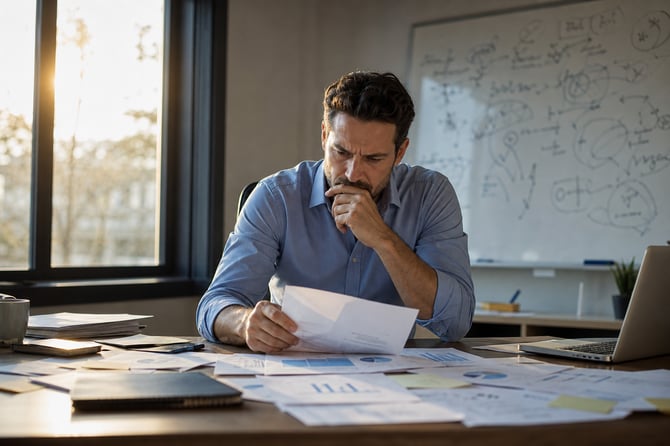 A business owner in a blue shirt sits at a desk covered in printed charts and reports, hand to his mouth, studying a single page with a concerned, focused expression as sunlight comes through the window behind him.