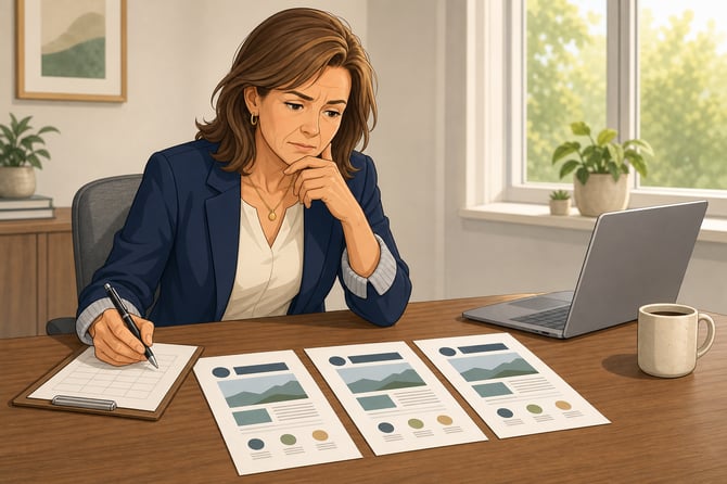 A small business owner in her late 40s sits at a wooden desk in a bright, modest office, studying three nearly identical printed coach proposals laid side by side in front of her. The papers are identical in layout and color, so she can't tell them apart. She holds a pen over a simple handwritten scorecard on a clipboard and looks thoughtful and skeptical. A laptop is open beside her, a coffee mug sits nearby, and a window behind her shows soft daylight. No legible text on any papers or screens.