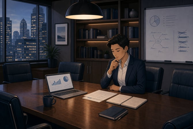 A solitary figure seated at a large, polished wooden conference table, illuminated by a single overhead light that casts a warm glow. The room is lined with bookshelves filled with business literature, and a large window offers a view of a bustling cityscape outside, hinting at a vibrant world beyond the walls. The individual, dressed in a crisp suit, appears deep in thought, with papers and a laptop open in front of them, showcasing graphs and notes. Surrounding the table are empty chairs, symbolizing the absence of colleagues or advisors, emphasizing the isolation often felt by leaders. A whiteboard in the background is filled with brainstorming ideas, some crossed out, reflecting the struggles of decision-making. The atmosphere is a blend of determination and contemplation, capturing the essence of seeking impartial advice amidst the weight of responsibility.