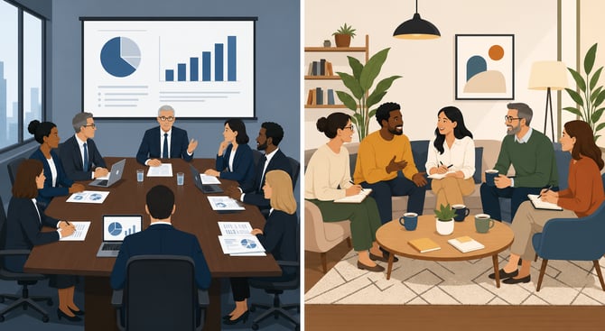 Split illustration contrasting a formal board of directors meeting on the left, with executives around a conference table reviewing charts on a screen, against an informal peer advisory board on the right, where business owners talk casually on couches around a coffee table.