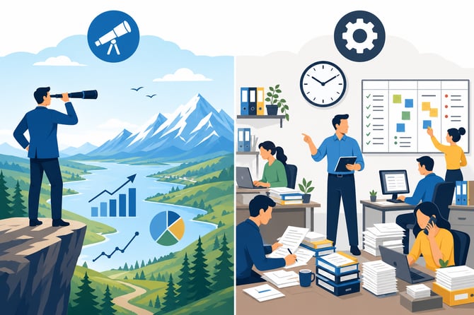 Split image contrasting strategic big-picture planning with day-to-day operational work in a small business.