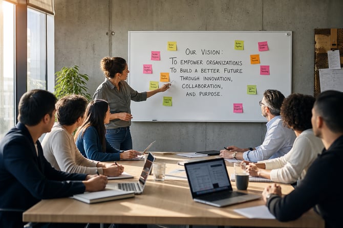 A business owner stands at a whiteboard covered in sticky notes, pointing to a handwritten company vision statement as her seated team of colleagues watches and listens, working to align everyone around a shared direction.
