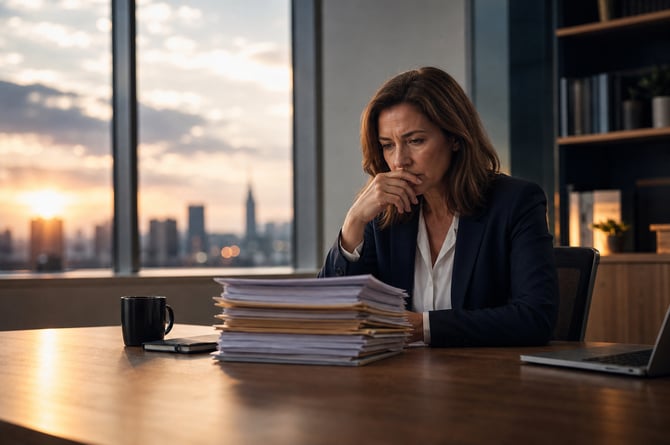 A business owner sits alone at a desk late in the day, facing a stack of approvals and decisions with no one to share the load.