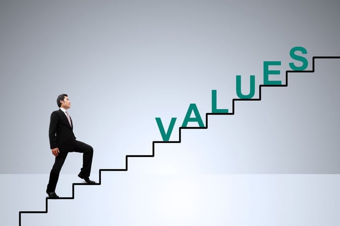 a man climbs stairs toward the word "value"