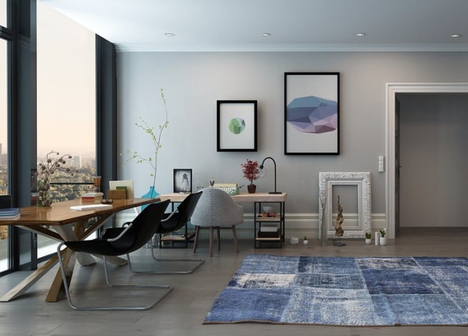 Open Concept Home Office Space with Eclectic Furnishings in Mode