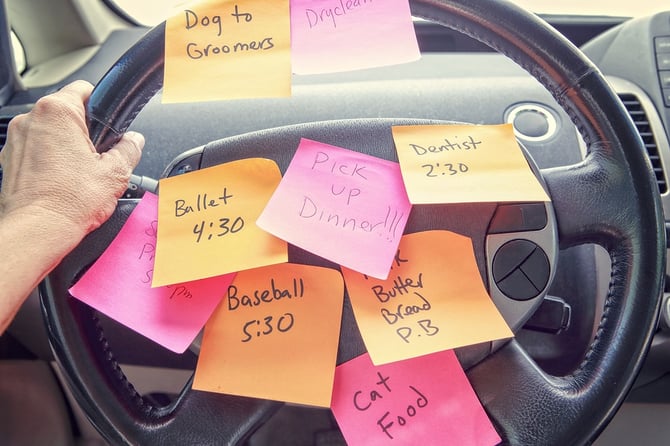 Steering wheel covered in notes as a reminder of errands to do