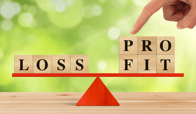 Block Letters balance on a scale, spelling out Loss and Profit