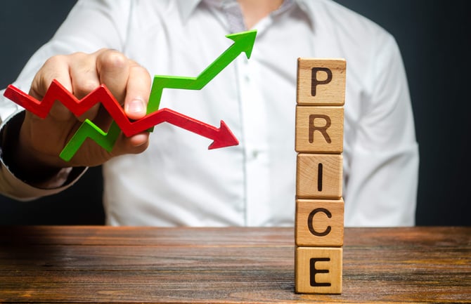 Man standing before letter blocks spelling the word price
