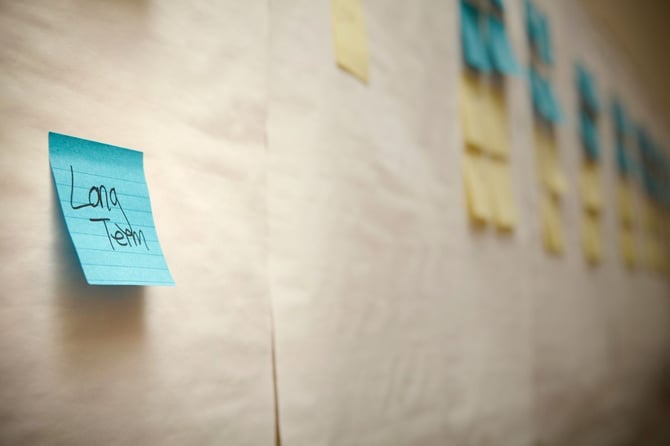 blue sticky note reading "Long Term" on a planning wall covered with sticky notes, representing long-term business planning for small business owners