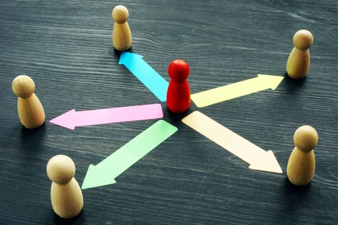 A red figurine at the center of colorful arrows pointing outward toward five wooden figurines, representing a leader delegating tasks and authority to a team of managers.