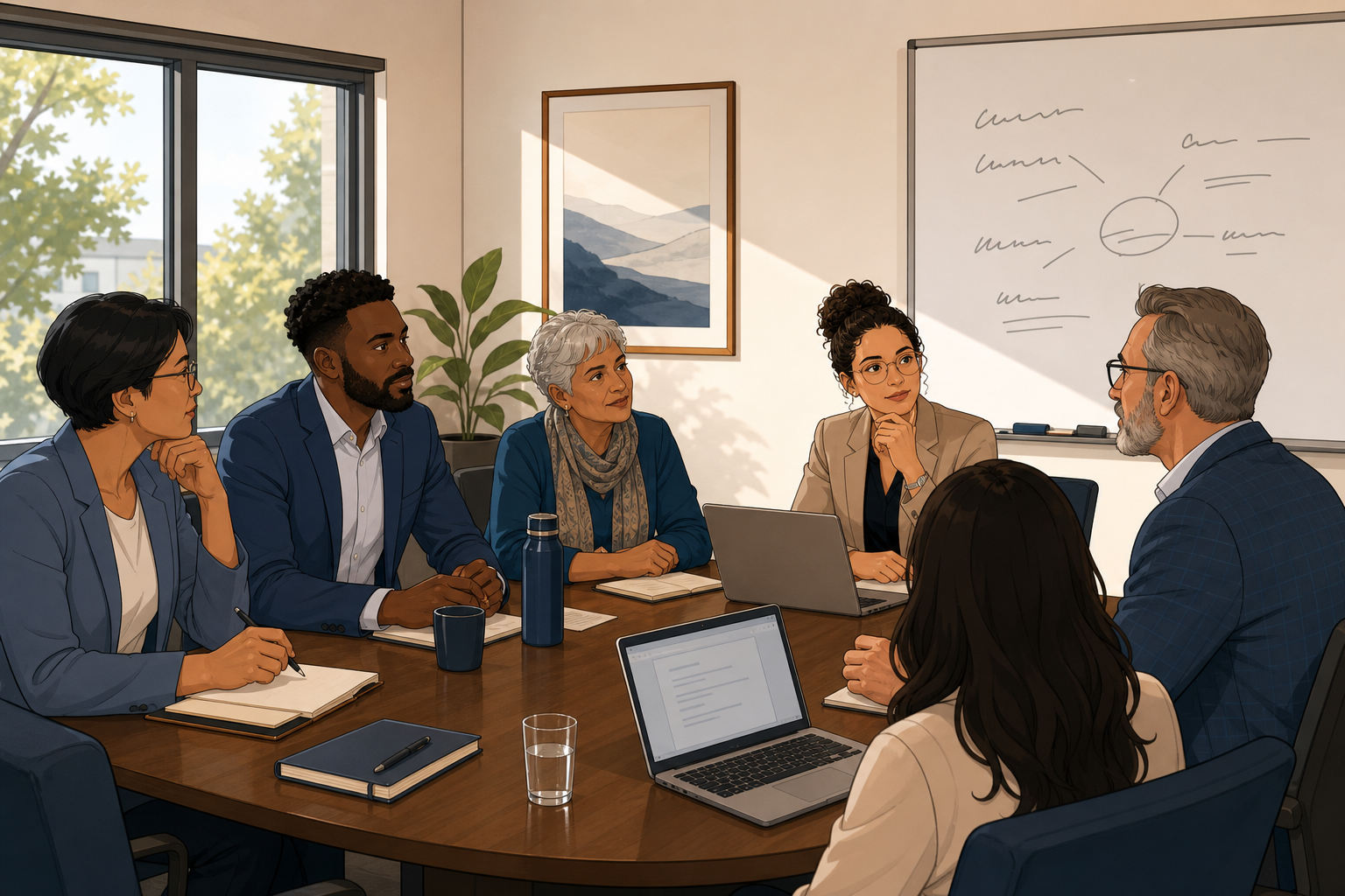 Board Room Meeting with Diverse Attendees and Whiteboard Keywords Board Room Meeting with Diverse Attendees and Whiteboard Keywords